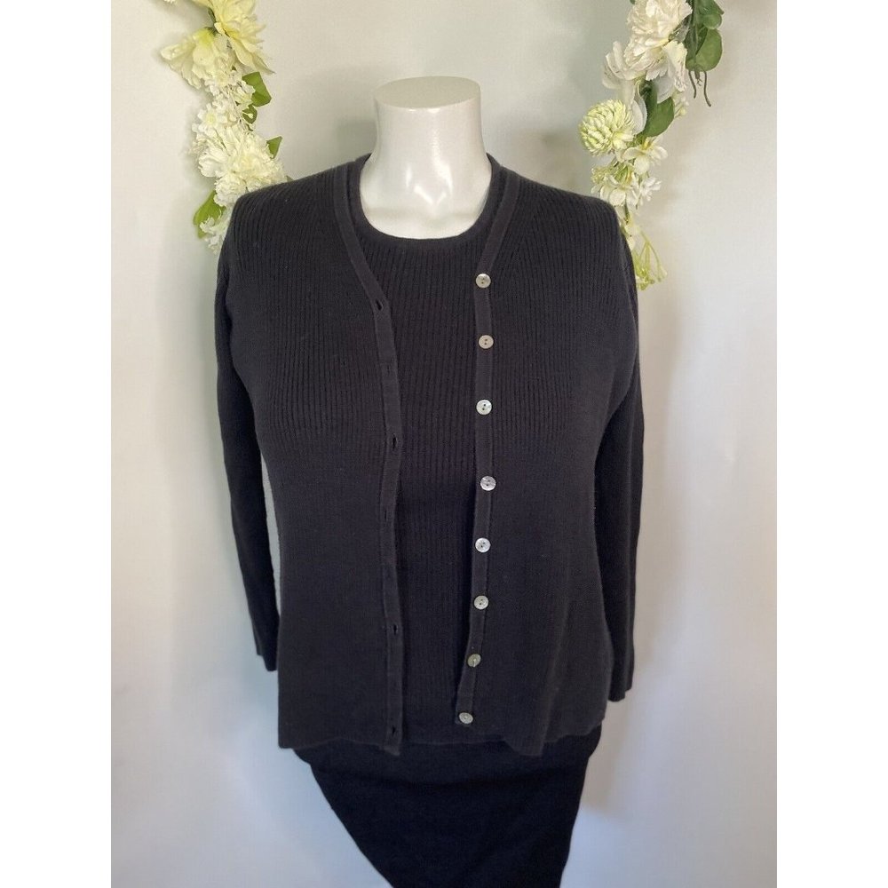 Petite Sophisticate Black‎ 100% Cotton Vintage Cardigan Sweater Set Size P EUC